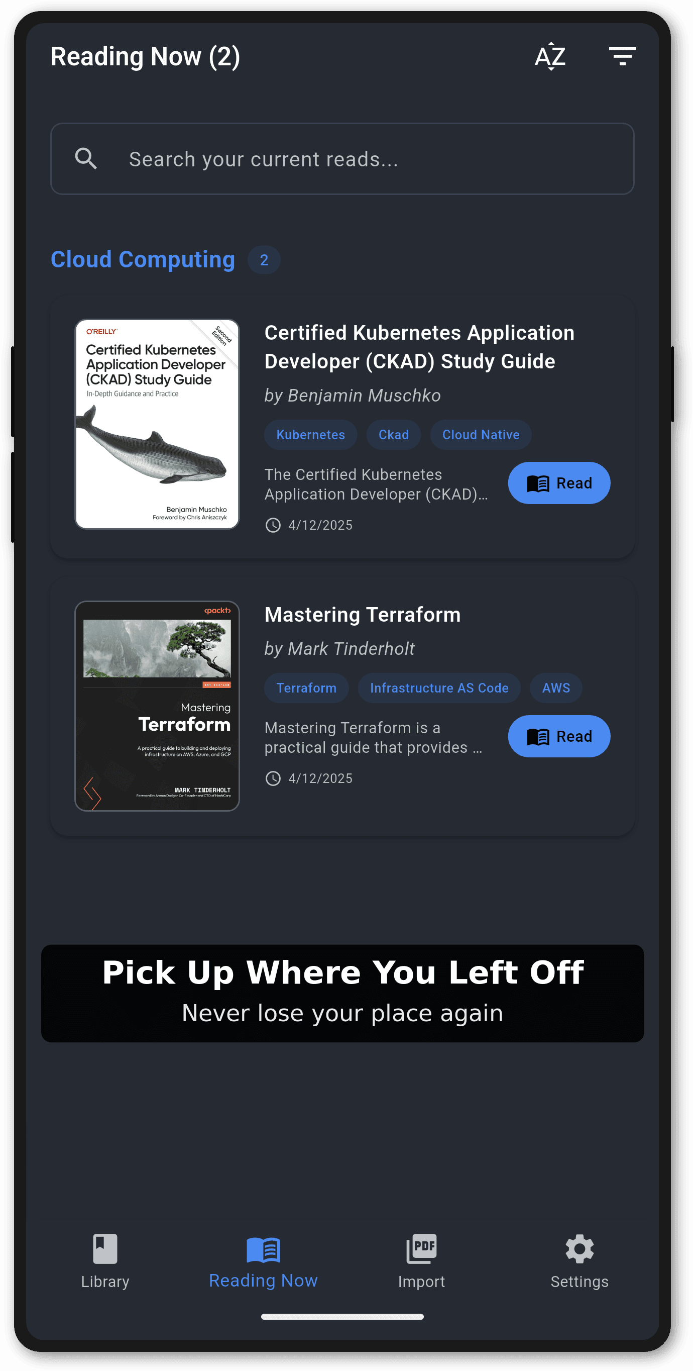 Reading Now screen showing books currently being read