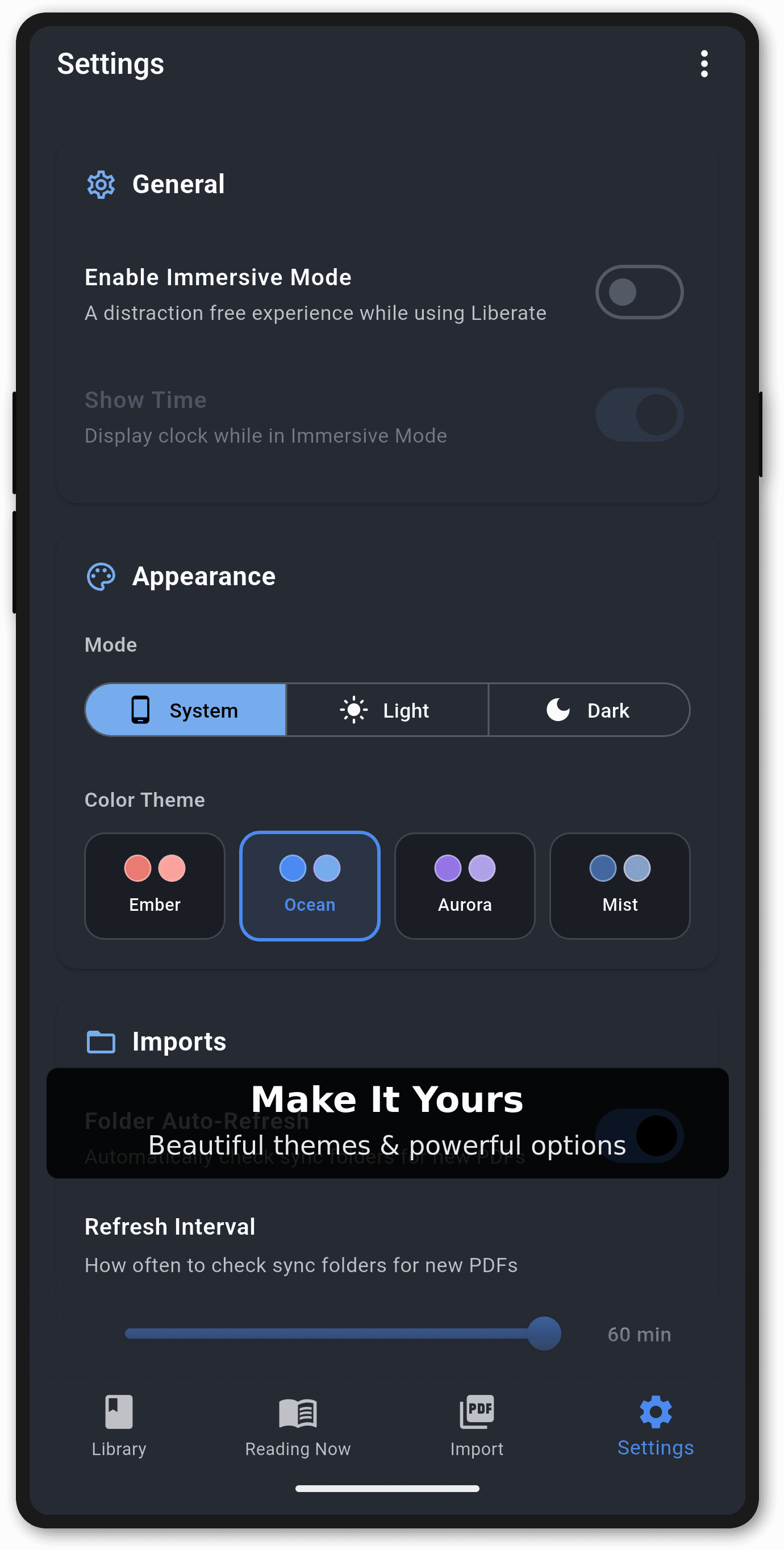 Settings screen with app configuration options